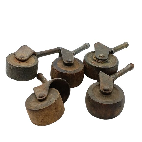 Antique Wood Caster Salvage, Iron Mount and Swivel on Ball Bearings, Set of 5 - Picture 2 of 2